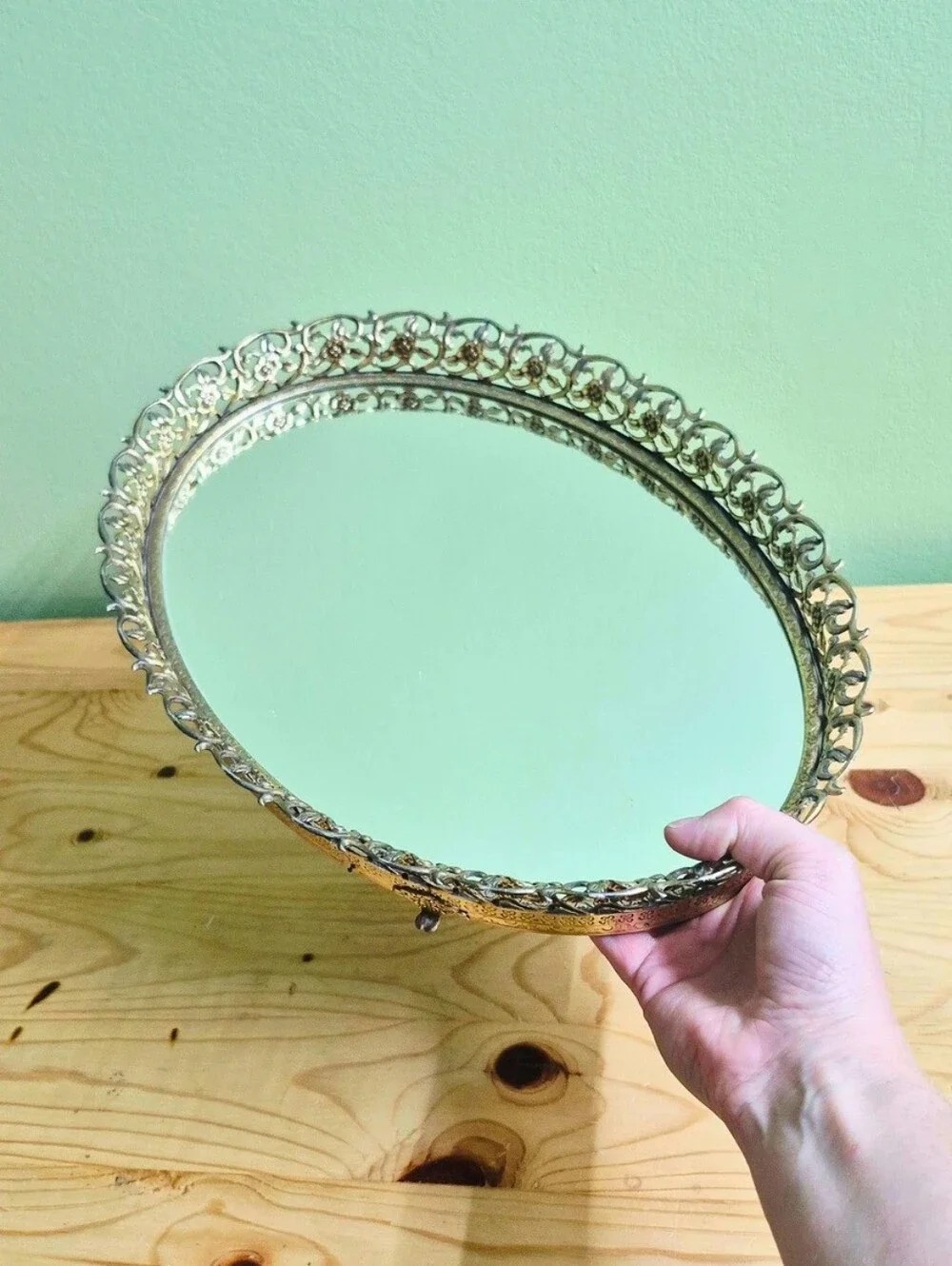Vintage Oval Filigree Footed Vanity Mirror Tray